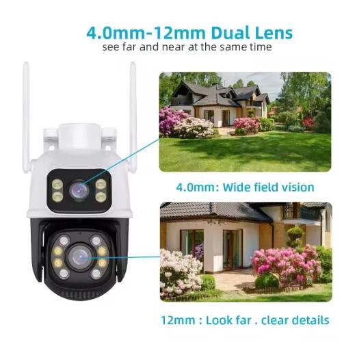 Outdoor Camera Dual Lens AI Auto Tracking ICSee 6MP HD WiFi PTZ Dome Two-Way Audio Built-in Siren Network NVR IP Security Camera
